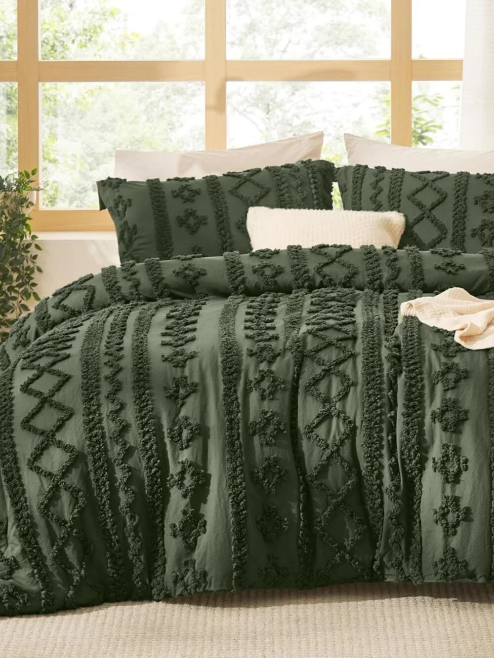 Tufted Boho Comforter Set Queen Size - Olive Green Boho Bed Set, GentleSoft 3 Pi